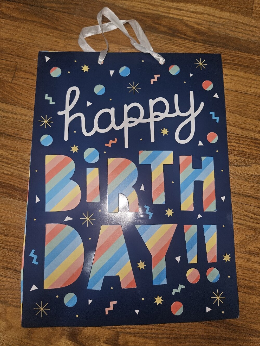 Navy Blue 'Happy Birthday' Gift Bag with Multicolor Stripes 17"x12"x6"